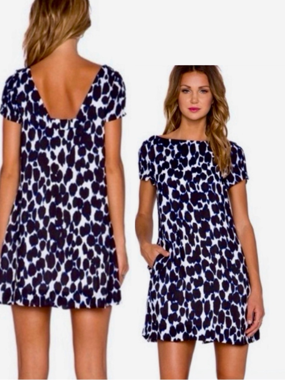 KATE SPADE Blue & White Leopard Mini Dress w Bow Back